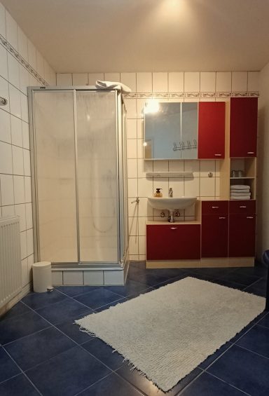 Badezimmer Badezimmer mit Dusche, Waschbecken und roten Küchenschränken auf blauen Fliesen.